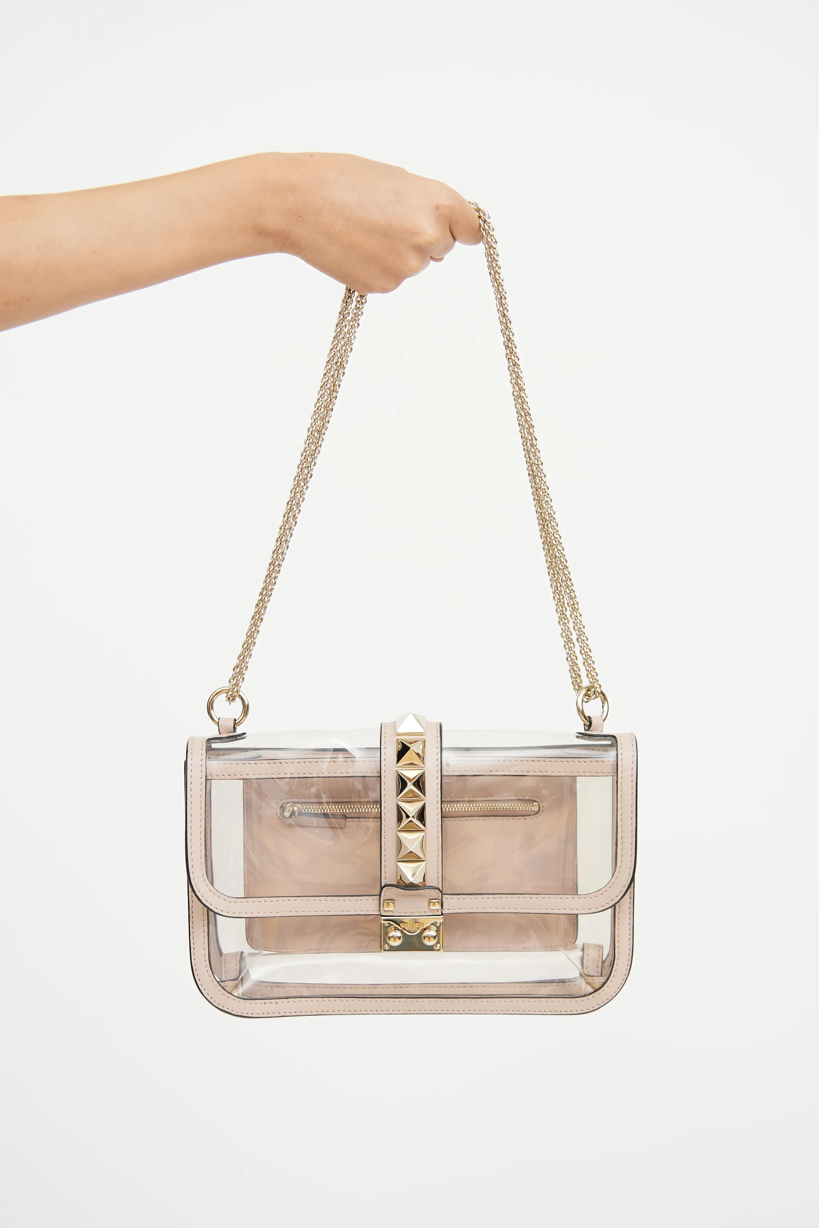 Beige Glam Lock Rockstud PVC Bag