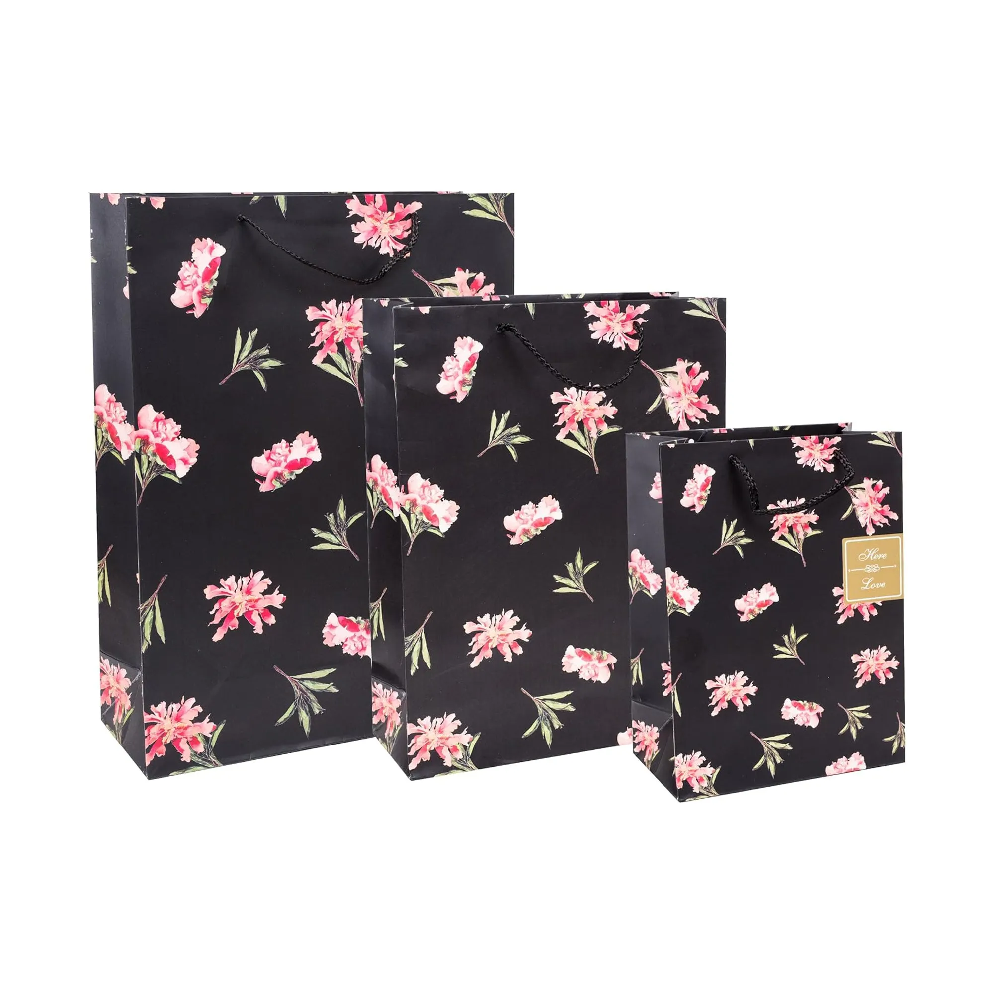 Elegant Floral Black Gift Bags - Set of 3 Different Sizes