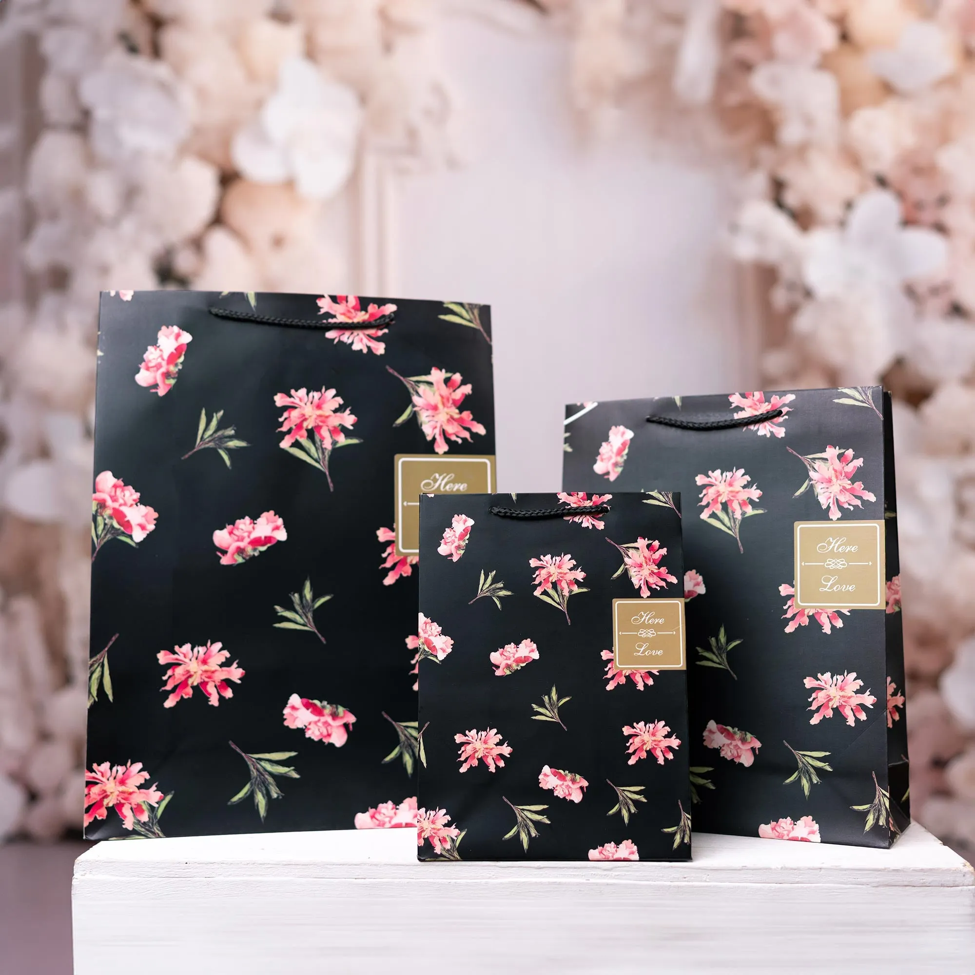 Elegant Floral Black Gift Bags - Set of 3 Different Sizes