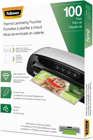 Fellowes Thermal Laminating Pouches, 5Mil Letter Size Sheets, 9 X 11.5, 100 Pack, Clear (5743501)