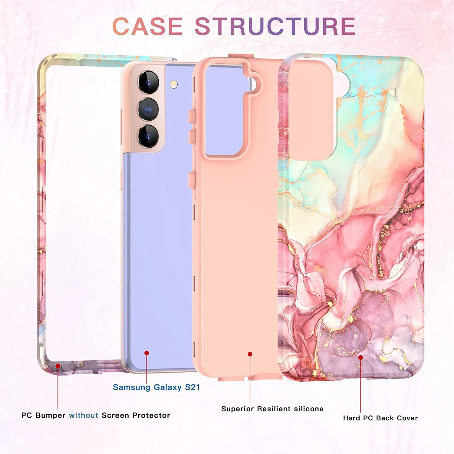 Galaxy S21 Case, Marble Pattern 3 in 1 Heavy Duty Shockproof Full Rose Gold