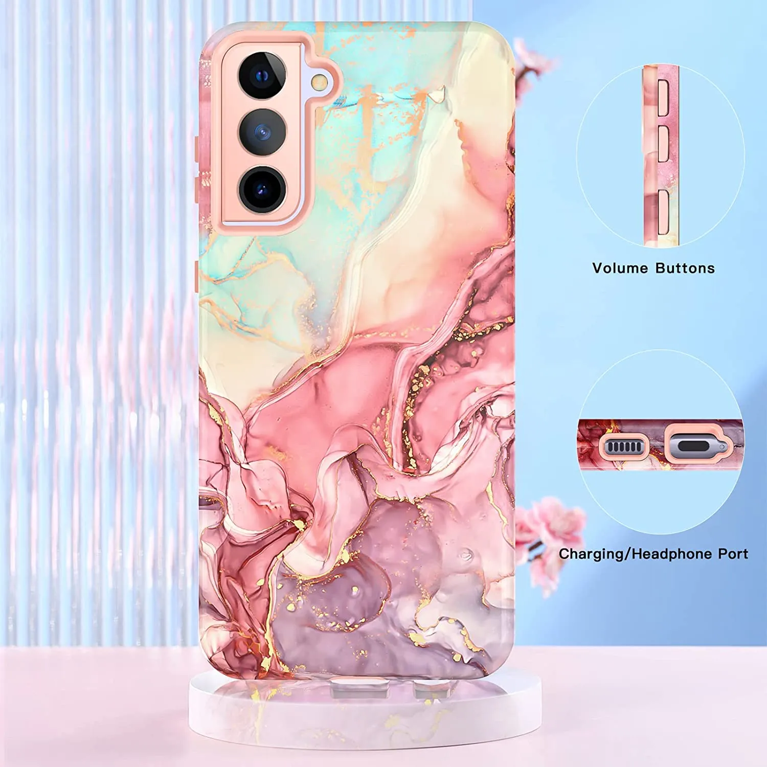 Galaxy S21 Case, Marble Pattern 3 in 1 Heavy Duty Shockproof Full Rose Gold