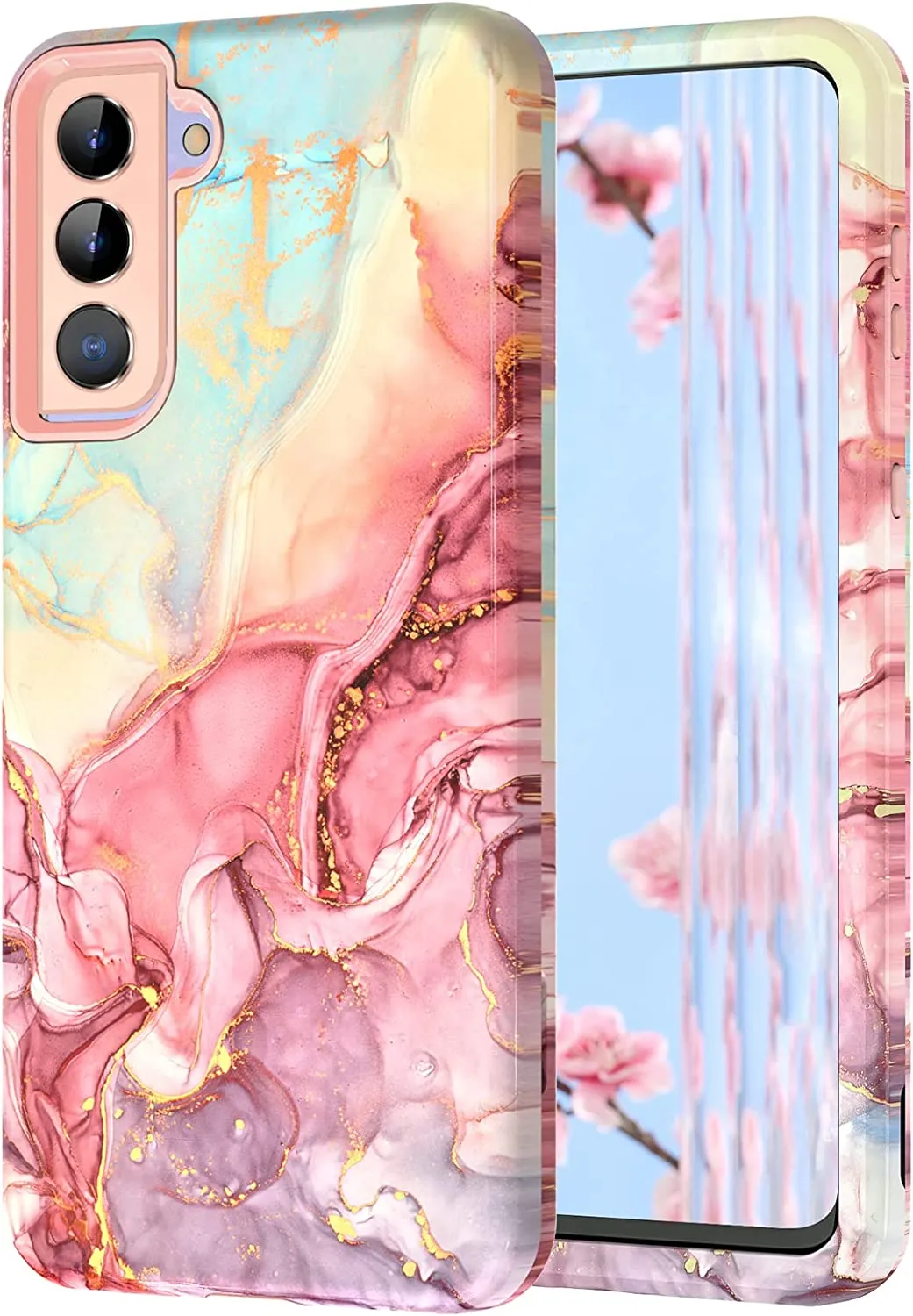 Galaxy S21 Case, Marble Pattern 3 in 1 Heavy Duty Shockproof Full Rose Gold