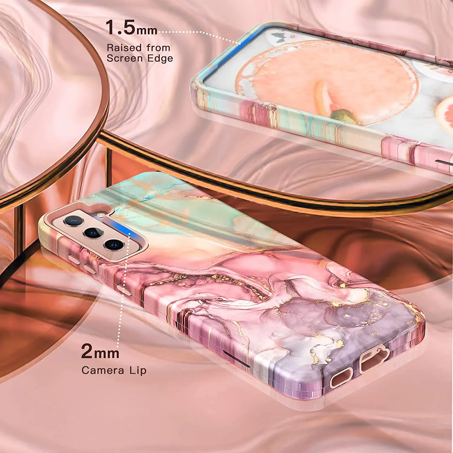 Galaxy S21 Case, Marble Pattern 3 in 1 Heavy Duty Shockproof Full Rose Gold