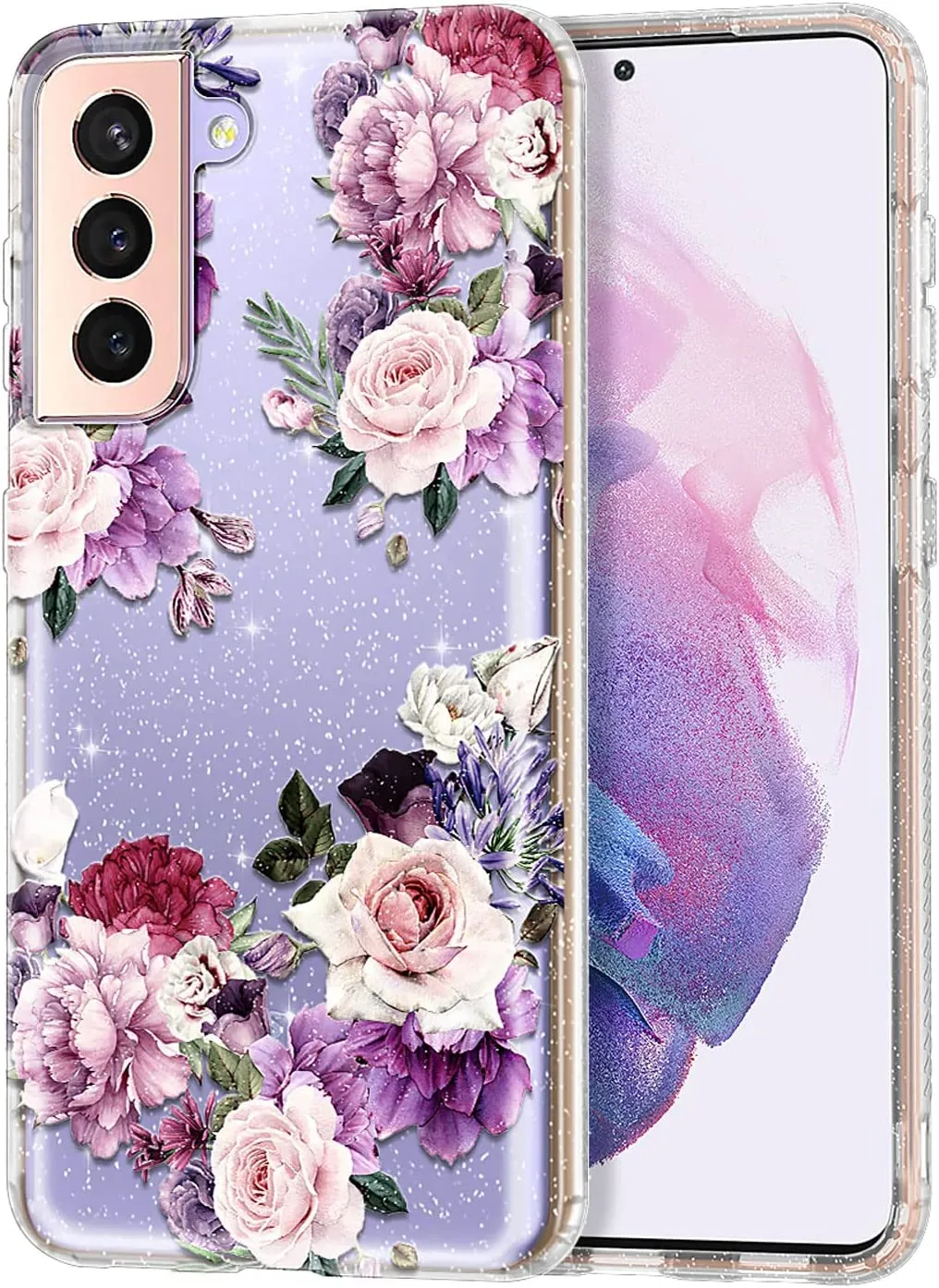 Galaxy S21 Case, Marble Pattern 3 in 1 Heavy Duty Shockproof Full Rose Gold