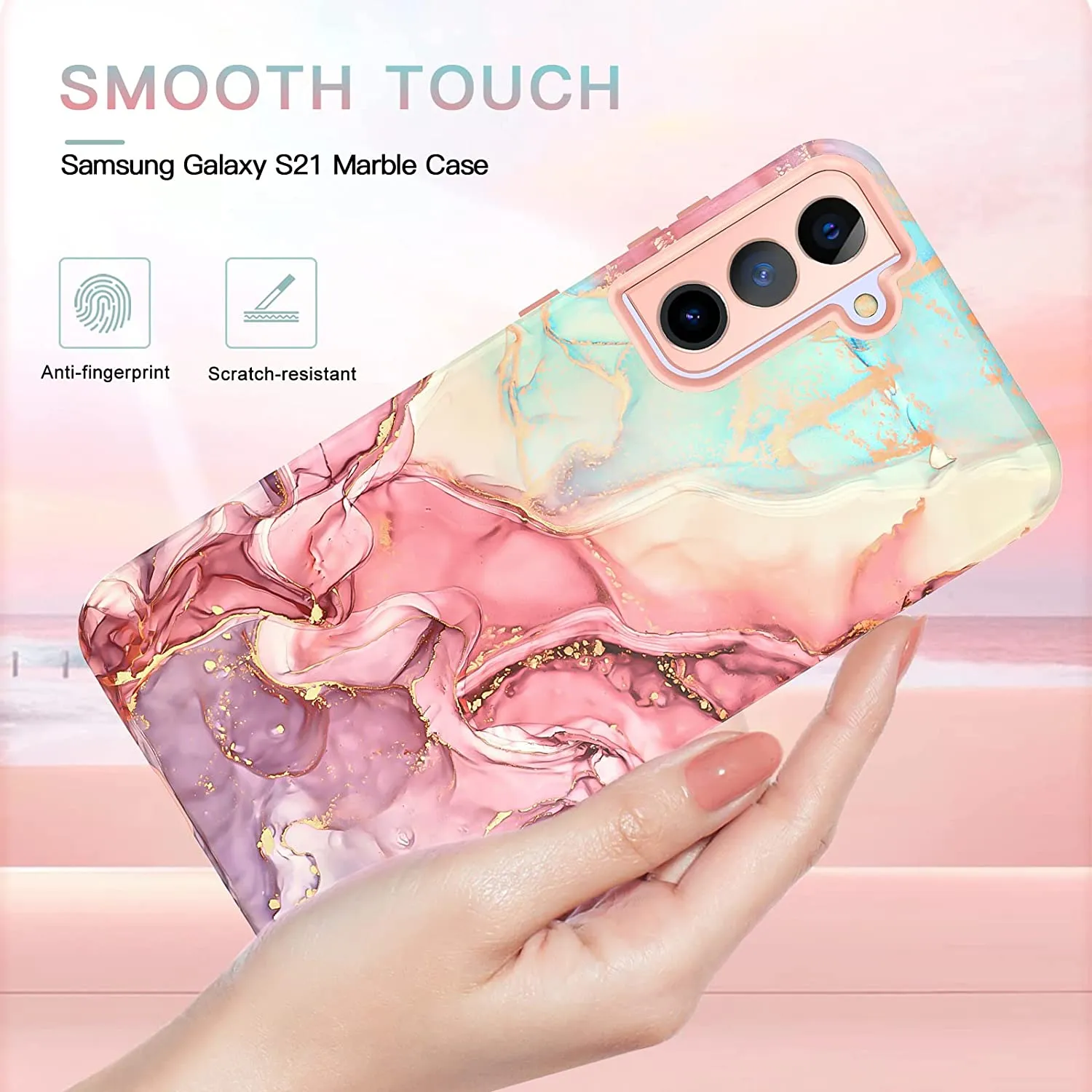 Galaxy S21 Case, Marble Pattern 3 in 1 Heavy Duty Shockproof Full Rose Gold