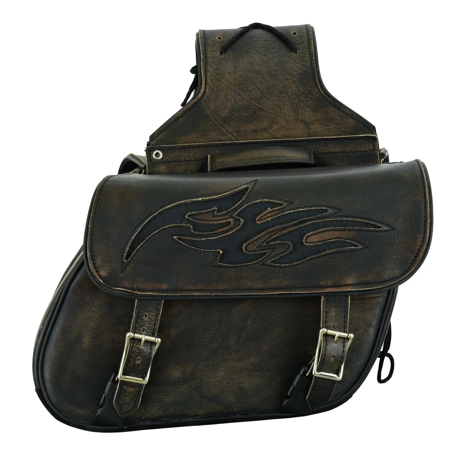 Genuine Distressed Brown Naked Leather Concealed Carry Saddlebag with Flame