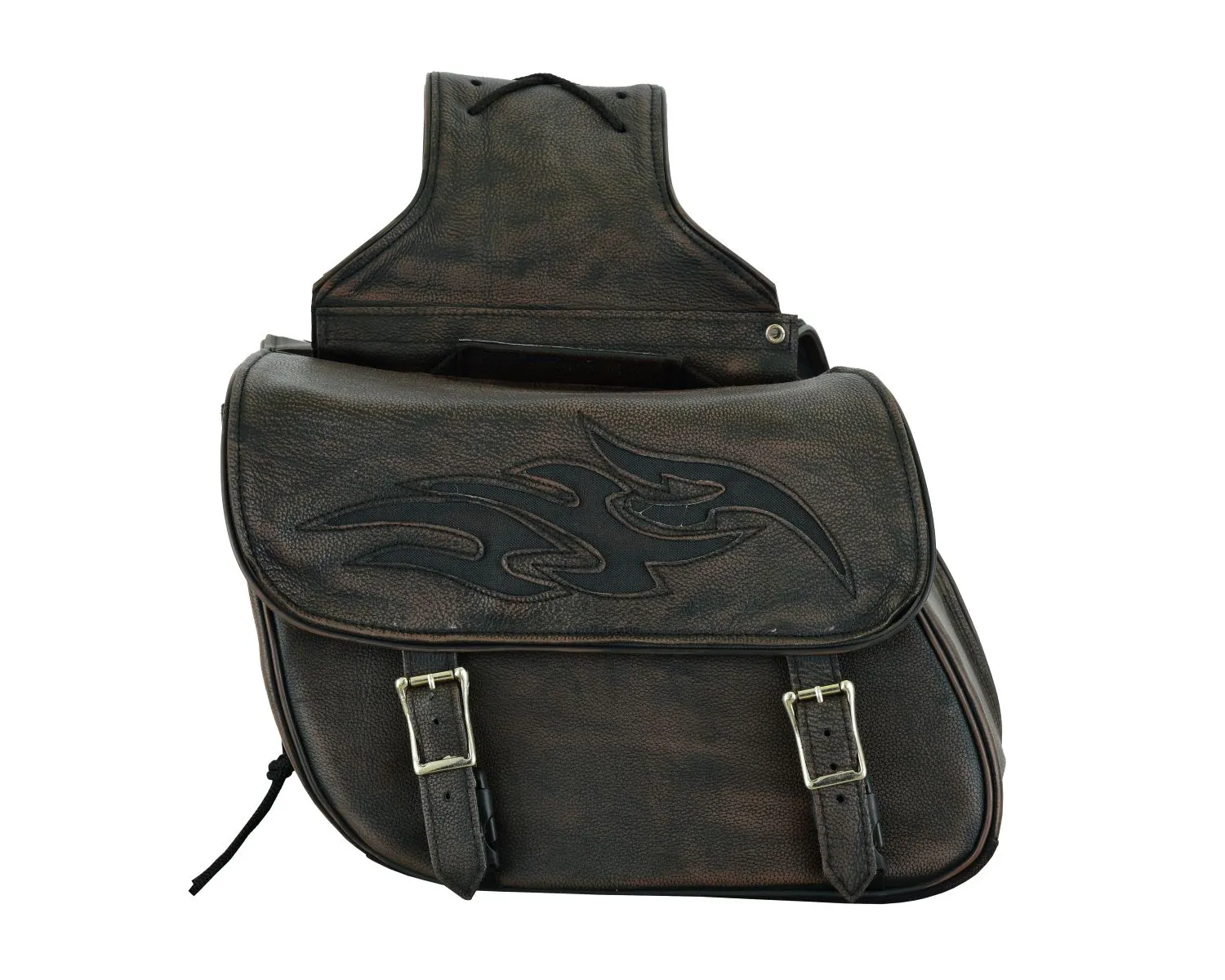 Genuine Distressed Brown Naked Leather Concealed Carry Saddlebag with Flame