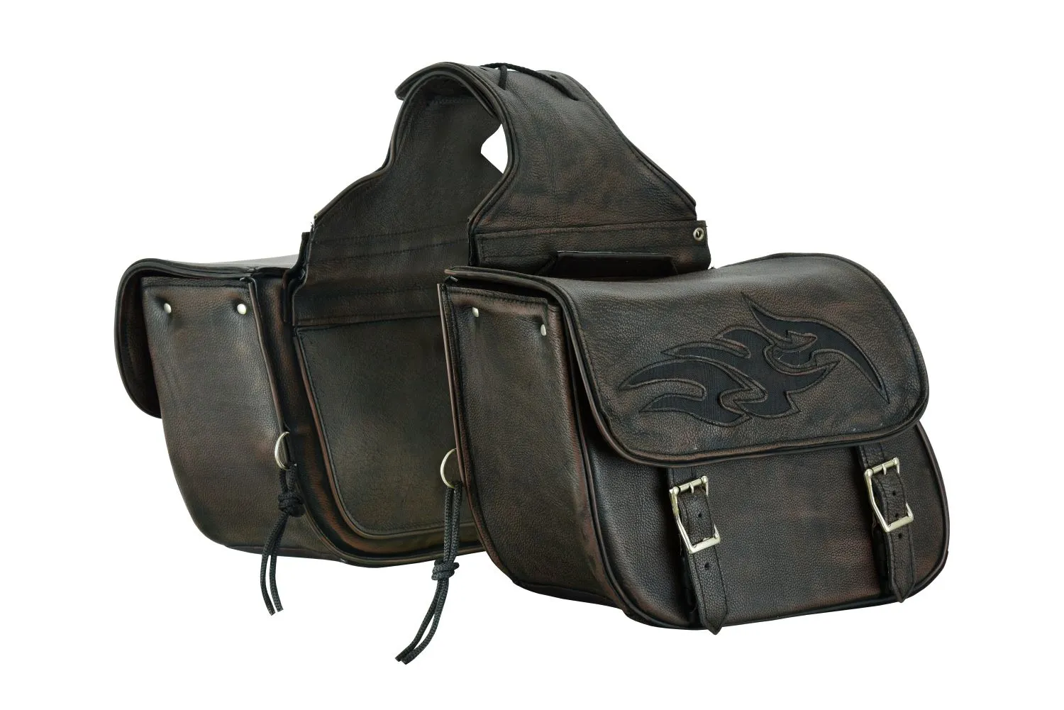 Genuine Distressed Brown Naked Leather Concealed Carry Saddlebag with Flame