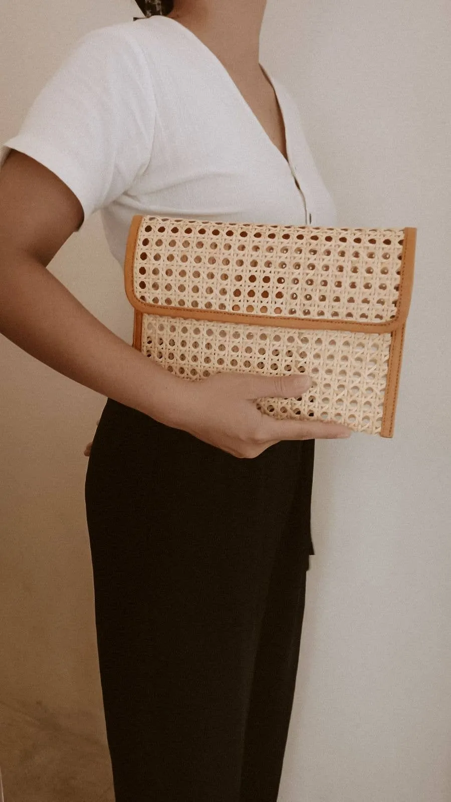 Leather and Cane Envelope Clutch