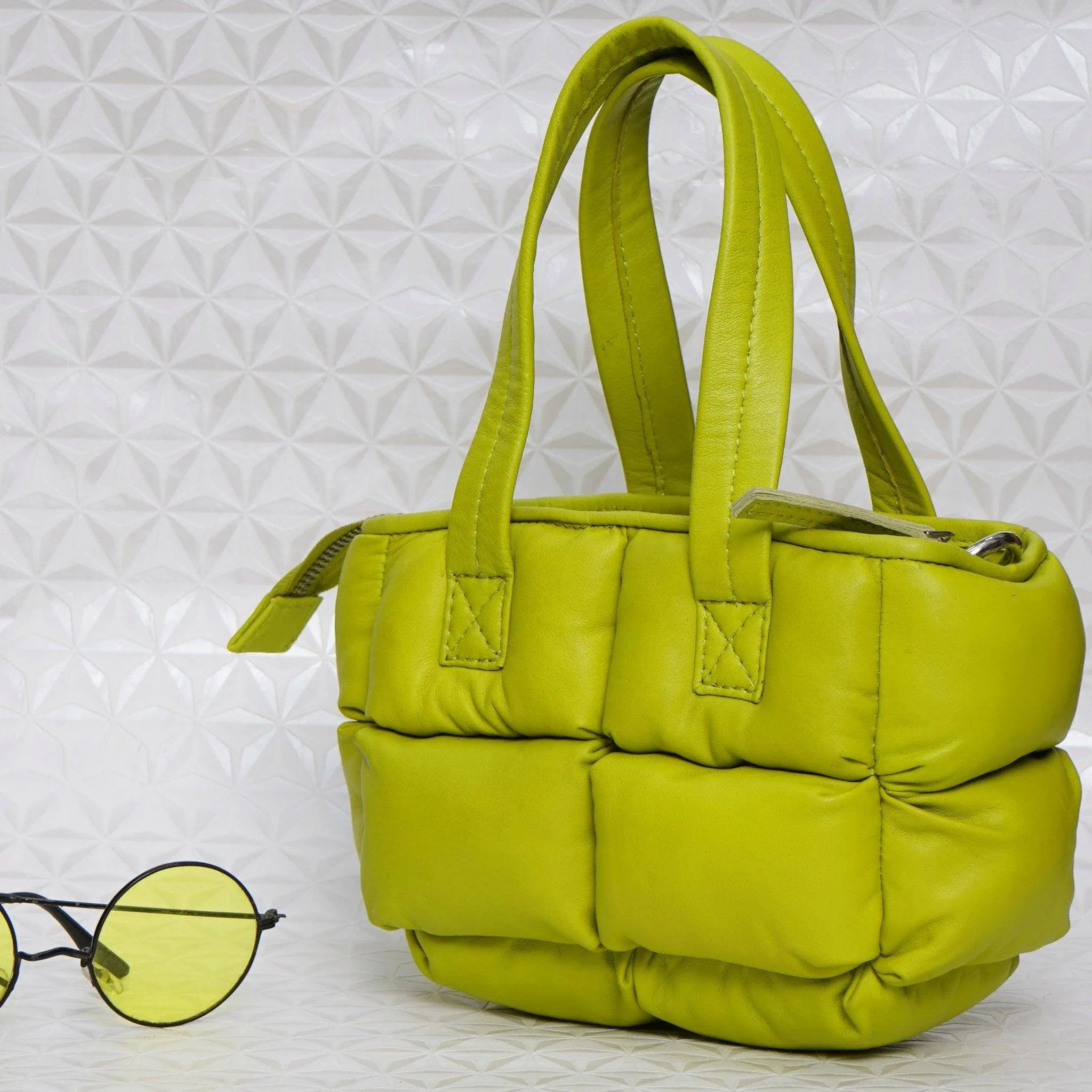 Lime Green Mini Leather Puffer Cross body Bag