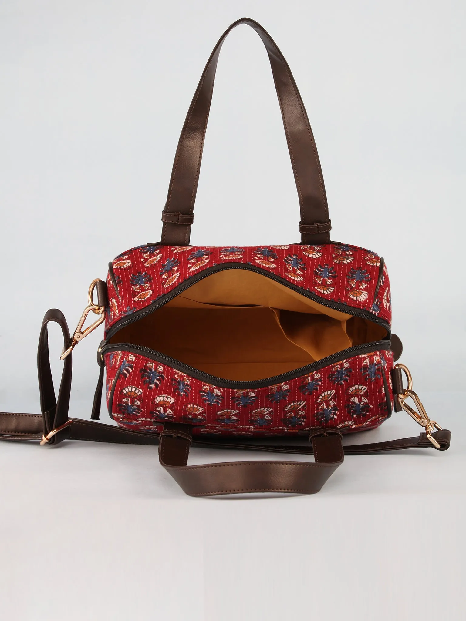 Maroon Blue Hand Block Printed Bucket Style Hand Bag - B11102