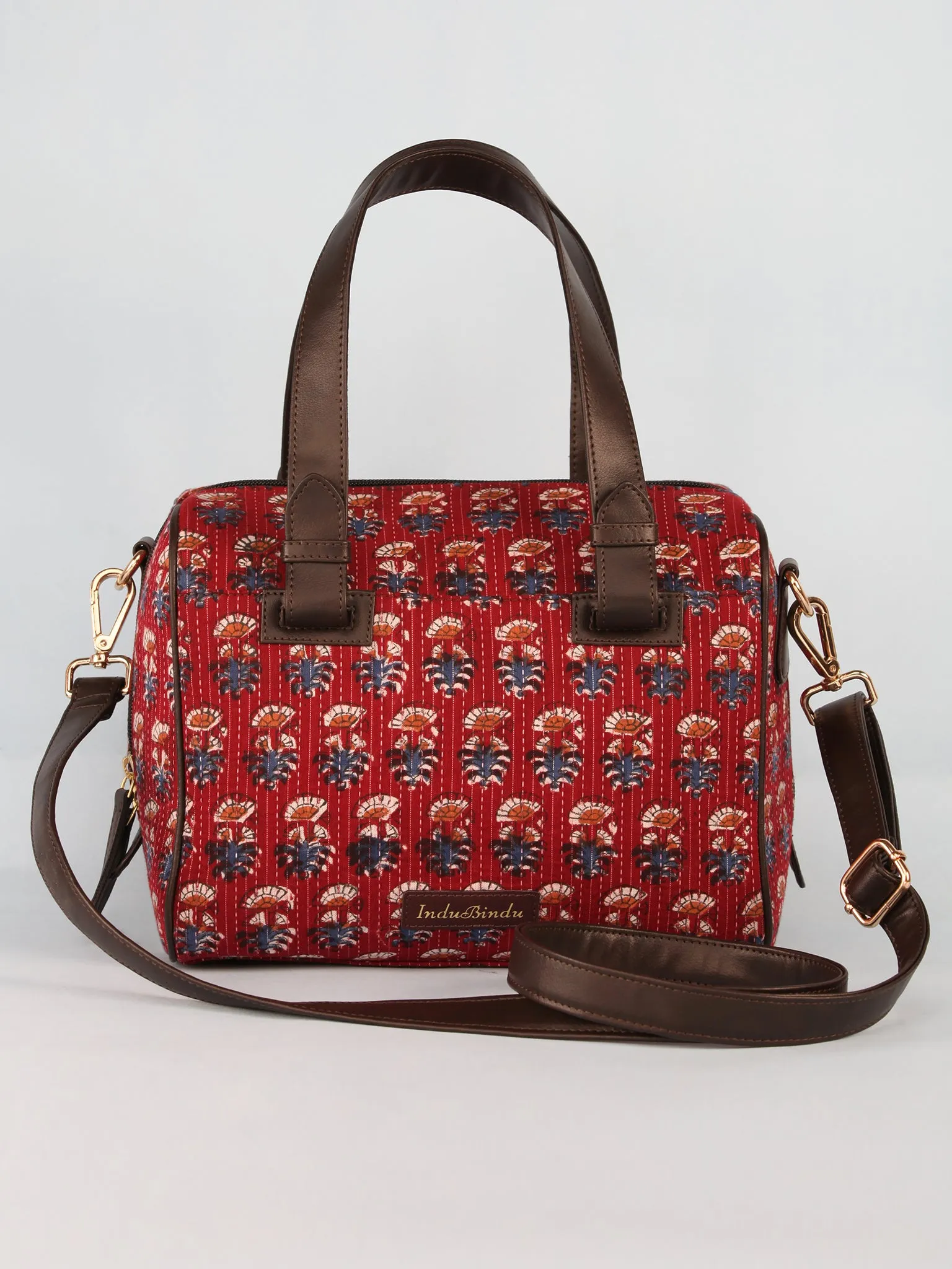 Maroon Blue Hand Block Printed Bucket Style Hand Bag - B11102