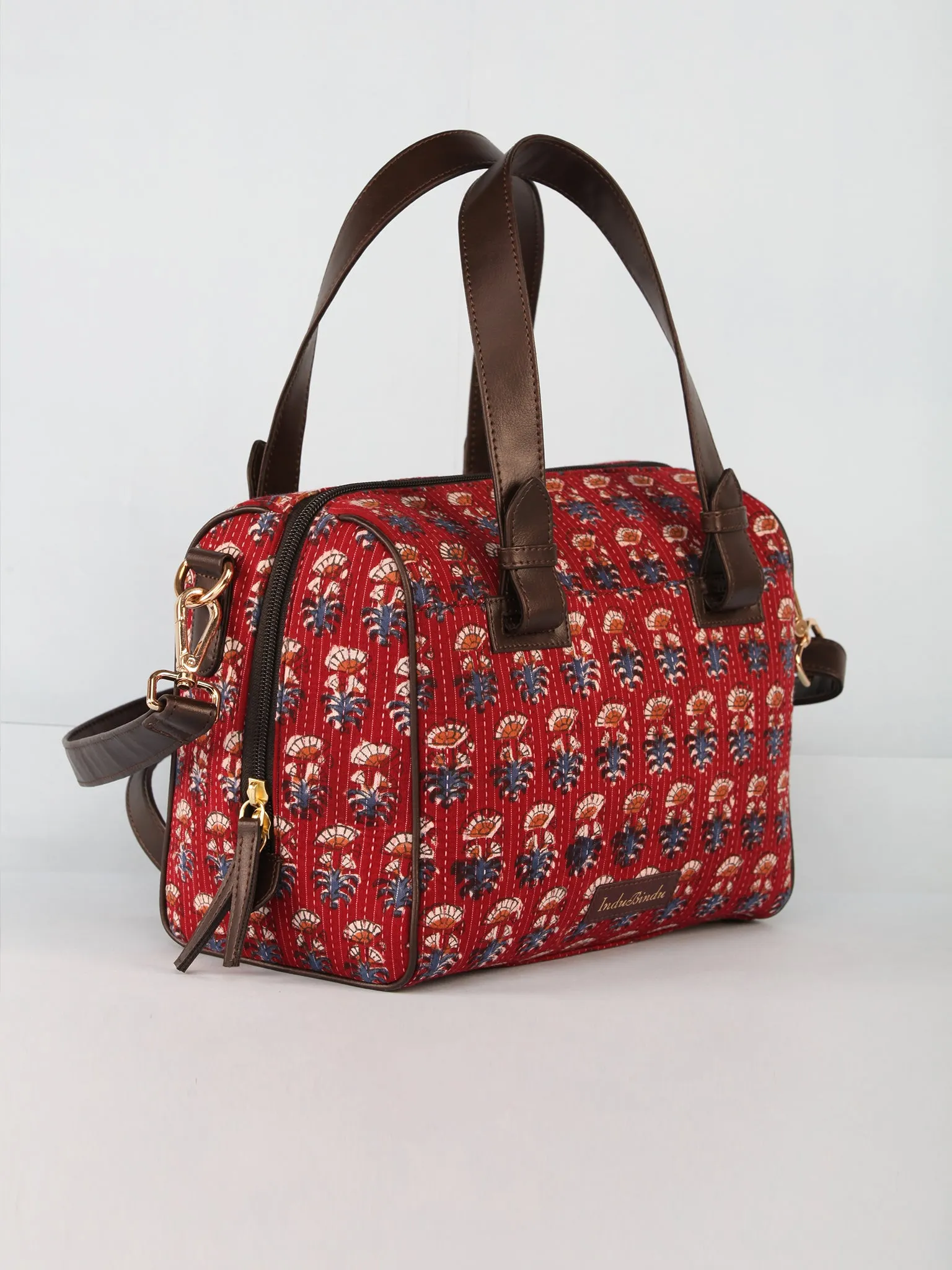 Maroon Blue Hand Block Printed Bucket Style Hand Bag - B11102