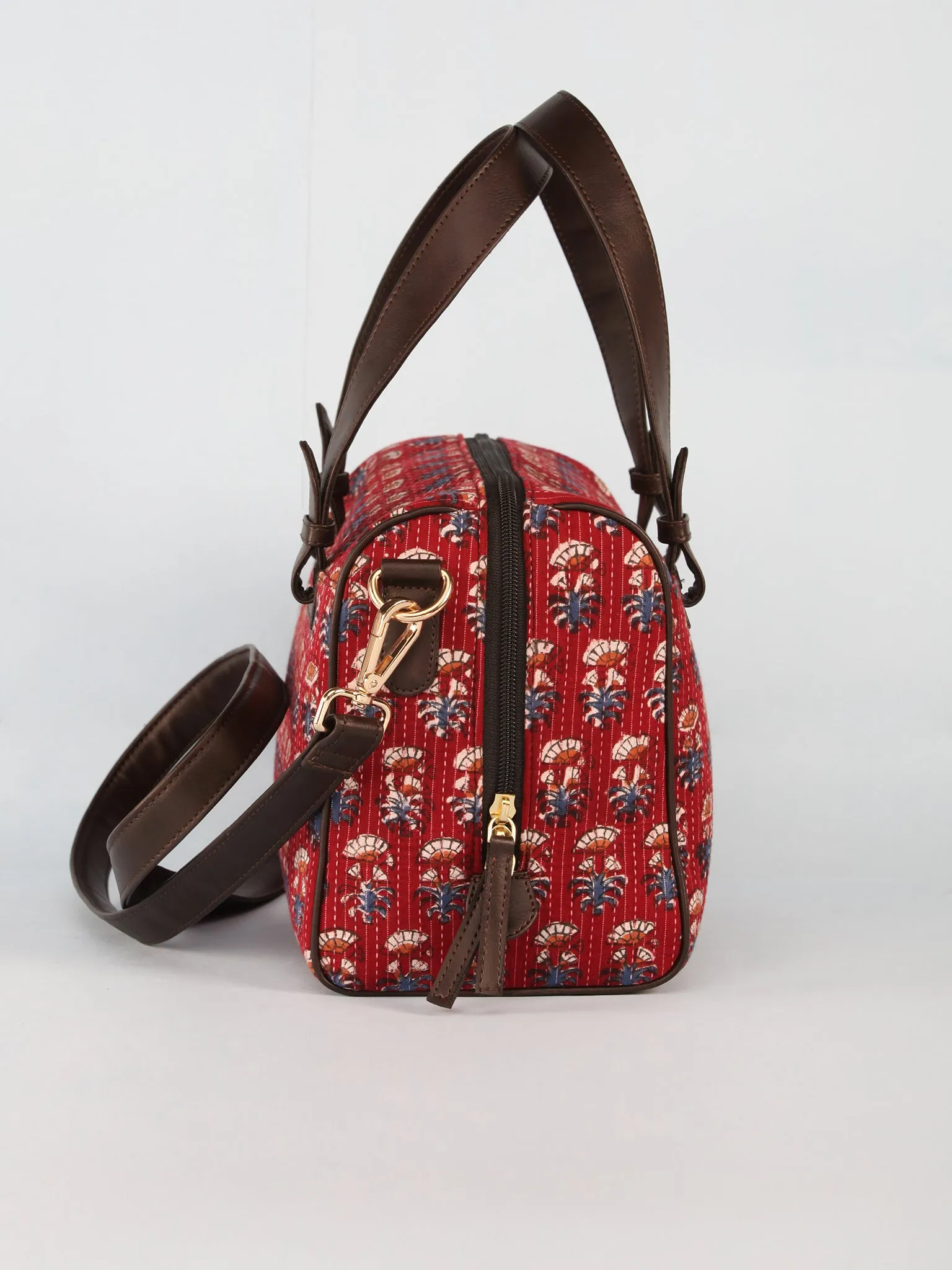 Maroon Blue Hand Block Printed Bucket Style Hand Bag - B11102