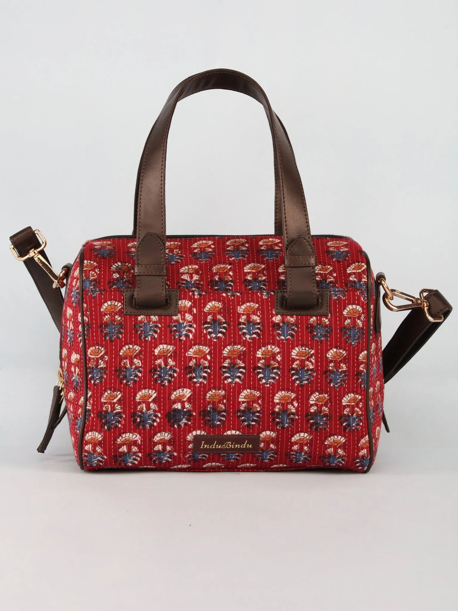 Maroon Blue Hand Block Printed Bucket Style Hand Bag - B11102