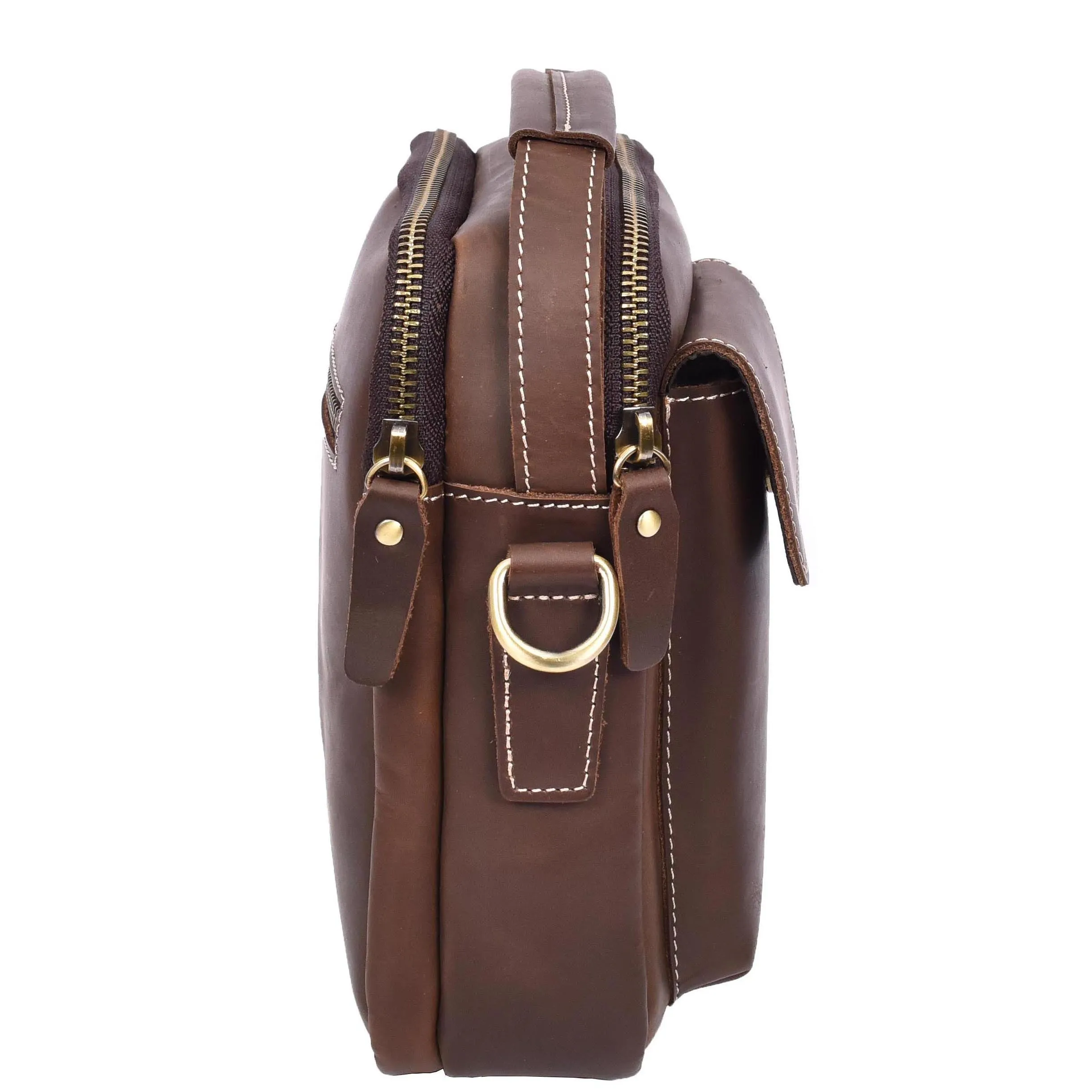 Mens Real Leather Messenger Bag Multiple Zip Pockets Sling Organiser Bag AYD8 Brown Hunter