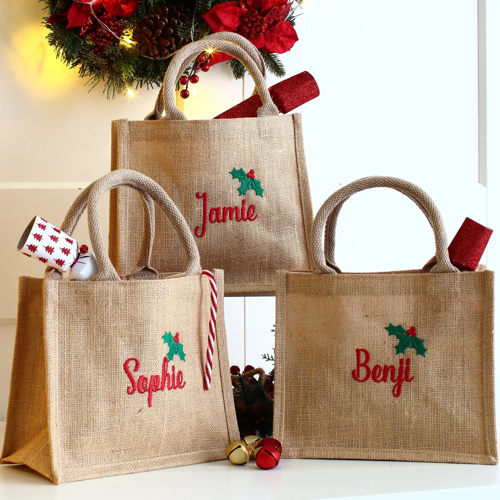 NEW - Embroidered Gift Bags - Holly & Ivy