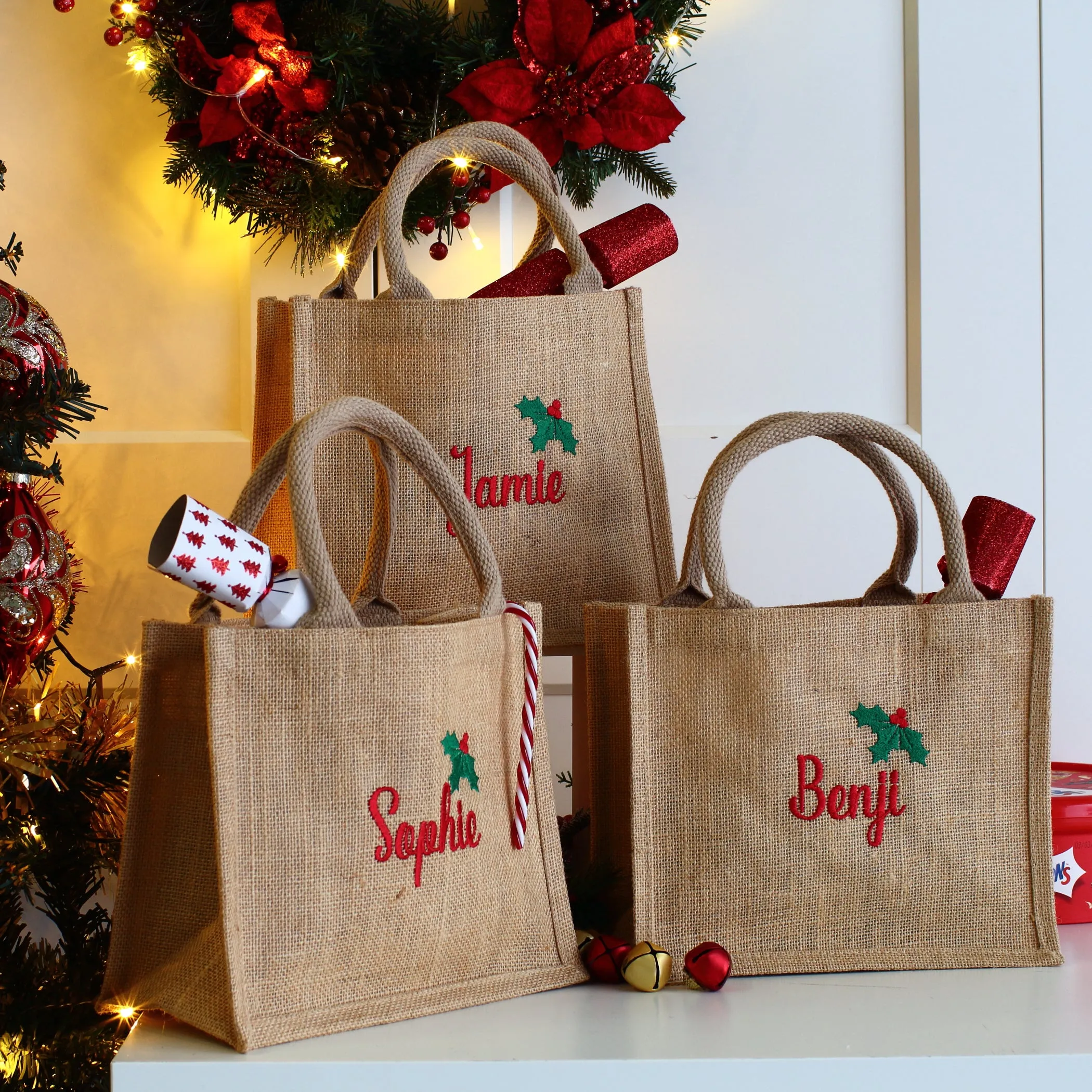 NEW - Embroidered Gift Bags - Holly & Ivy